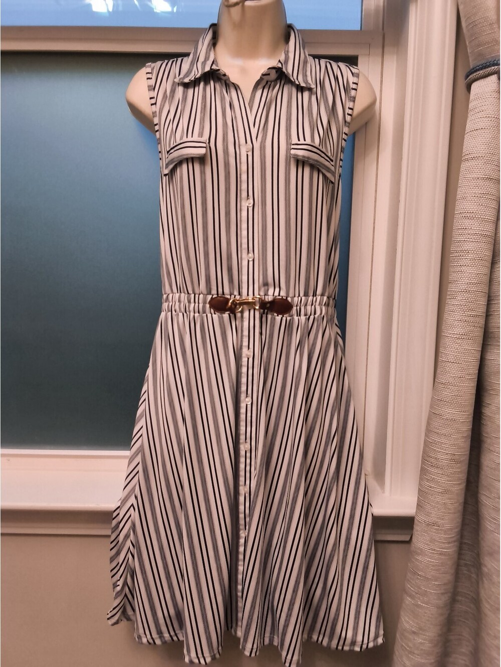 Indigo Rose Vintage-Vibe Sleeveless Striped Shirtdress Waist Hardware Sm